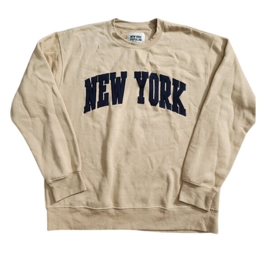 New York Popular Sweatshirt Tan Blue Crew Casual Pullover Athleisure Gym XL
